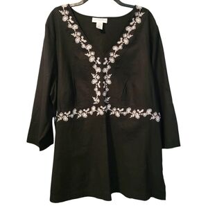 Women's 2X linen blend black white flora embroidered tunic blouse top plus size